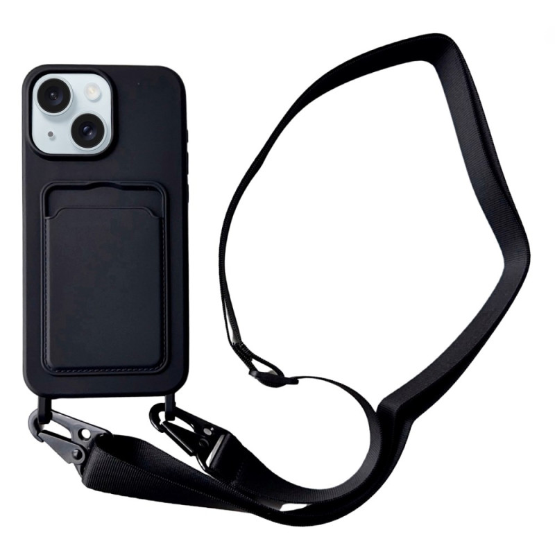 Coque à Cordon iPhone 15 Plus Effet Cuir avec Porte-Carte