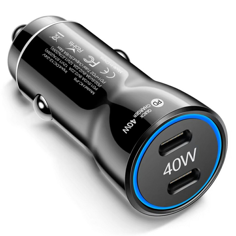 Chargeur Voiture 40W PD Double USB-C avec Anneau LED