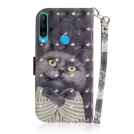 Housse Huawei P30 Lite Chat Gris à Lanière Housse Huawei P30 Lite Chat Gris à Lanière