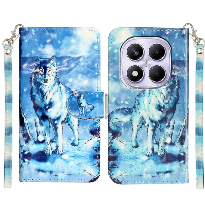 Étui Portefeuille à Rabat Motif Loup des Neiges 3D avec Dragonne pour Xiaomi Redmi Note 15 / Poco M8 5G