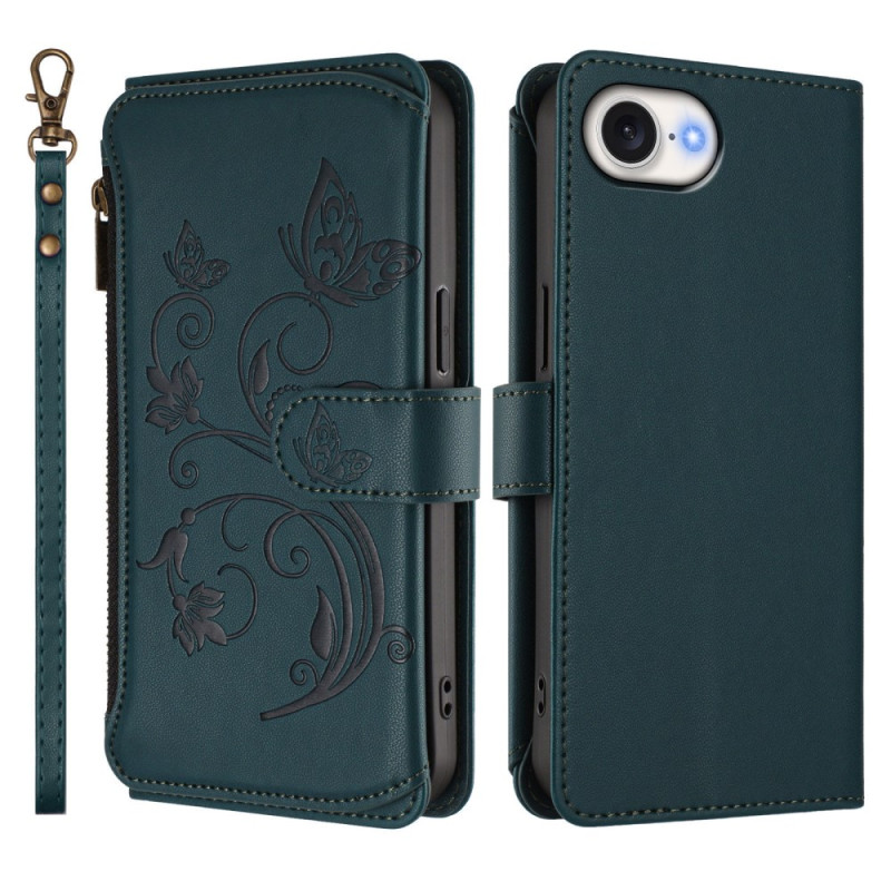 Housse iPhone 17E / 16E Portefeuille à Fermeture Éclair Motif Floral