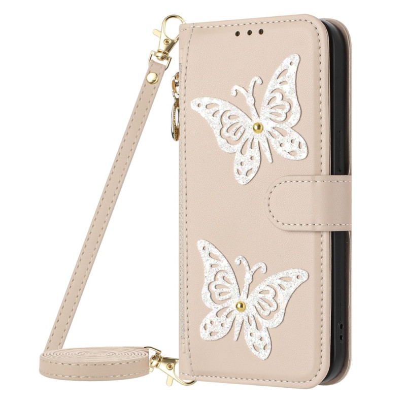 Housse Samsung Galaxy A27 5G Papillon Pailleté avec Bandoulière et Lanière