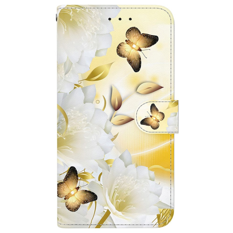 Housse Oppo Reno 16 F 5G / 16 FS 5G Papillons Dorés et Fleurs Blanches