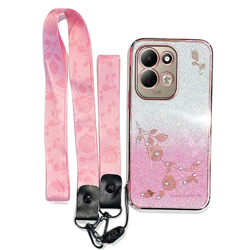 Coque Xiaomi Redmi 17 5G / 4G Fleurs et Strass à Lanière