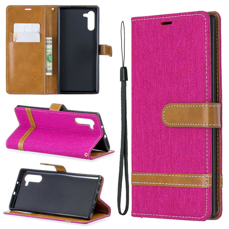 Housse Samsung Galaxy Note 10 Tissu et Effet Cuir à Lanière Housse Samsung Galaxy Note 10 Tissu et Effet Cuir à Lanière