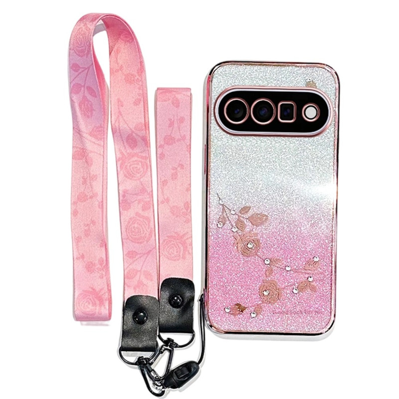 Coque Google Pixel 11 Fleurs et Strass à Lanière KADEM