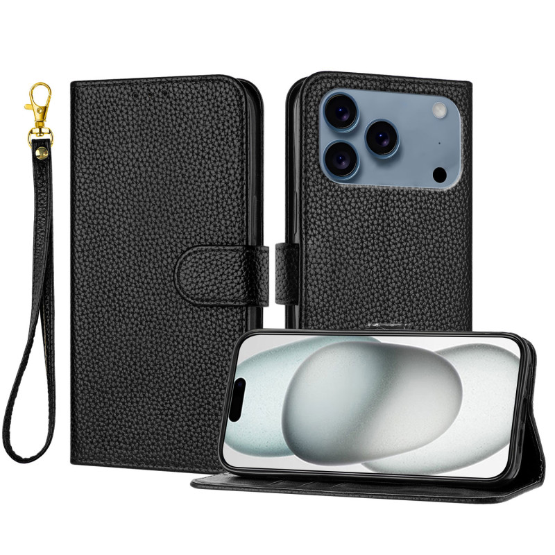 Housse iPhone 18 Pro / 17 Pro Simili Cuir Litchi avec Lanière