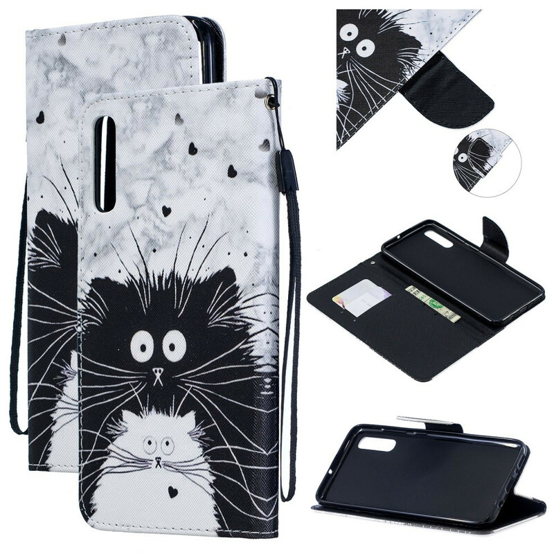 Housse Samsung Galaxy A70 Chat Blanc Chat Noir à Lanière Amovible Housse Samsung Galaxy A70 Chat Blanc Chat Noir à Lanière Amovible
