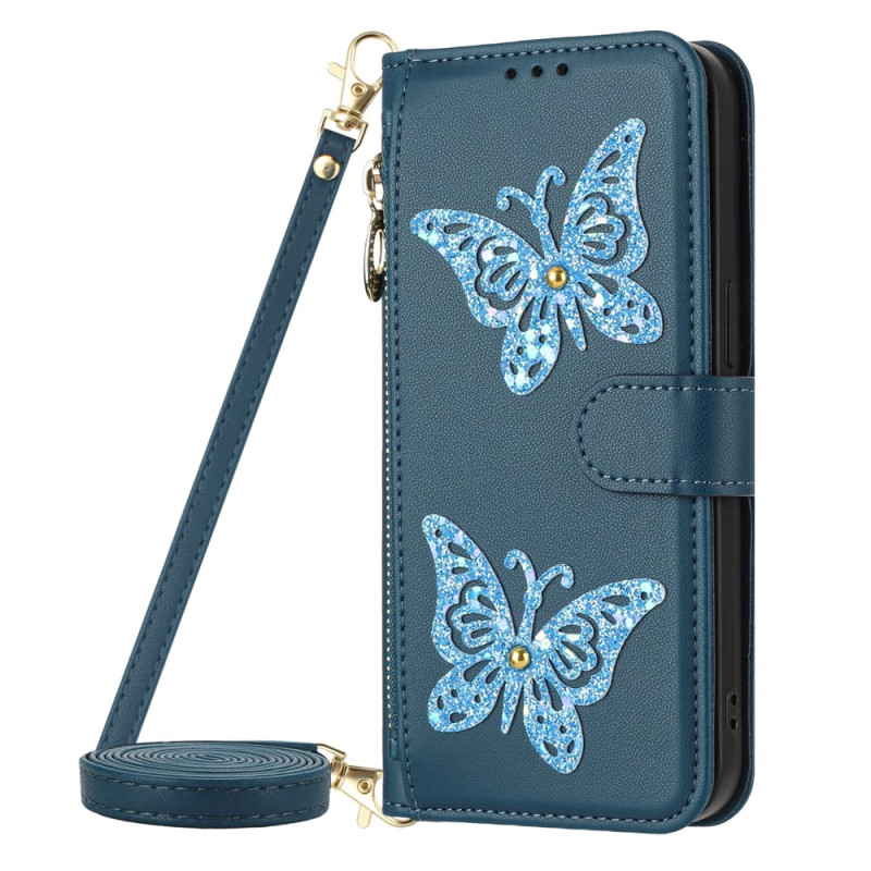Housse Samsung Galaxy A18 4G / A17 4G / 5G Papillons Pailletés avec Bandoulière