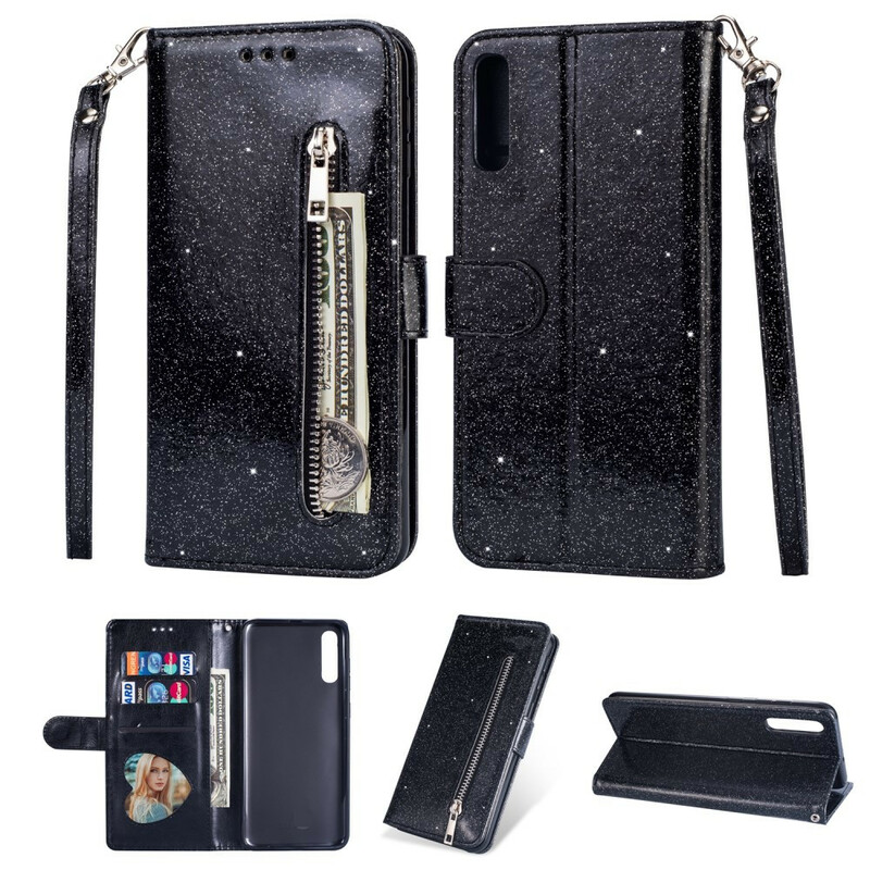 Housse Samsung Galaxy A70 Porte-Monnaie Paillettes à Lanière