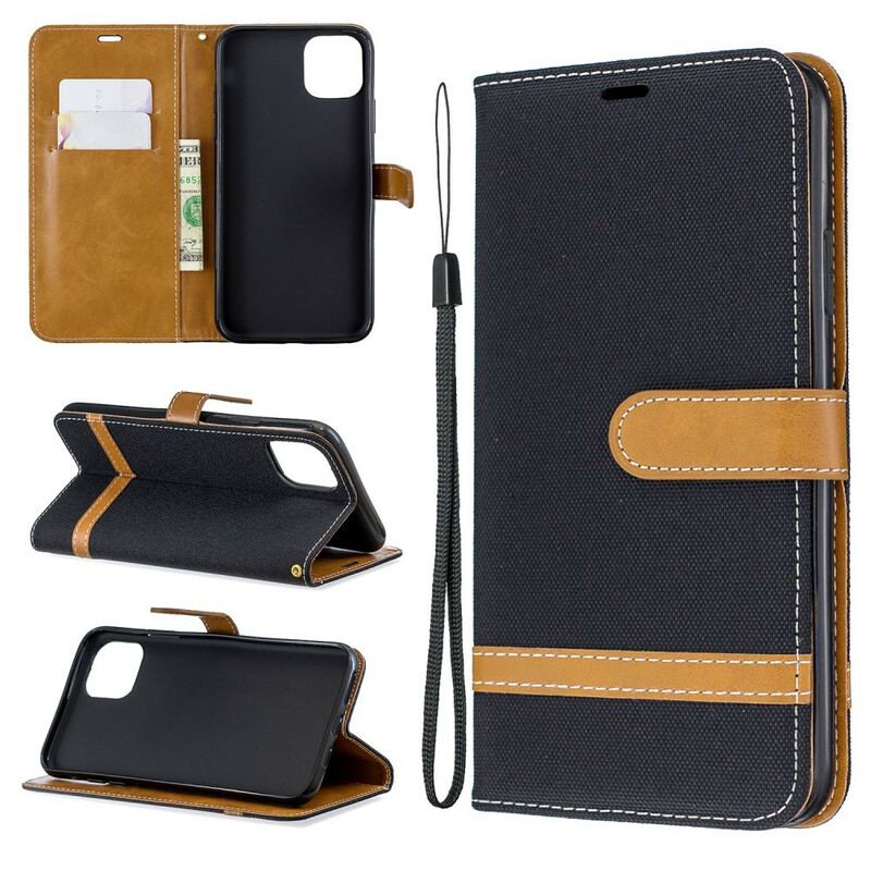 Housse iPhone 11 Pro Max Tissu et Effet Cuir à Lanière Housse iPhone 11 Pro Max Tissu et Effet Cuir à Lanière