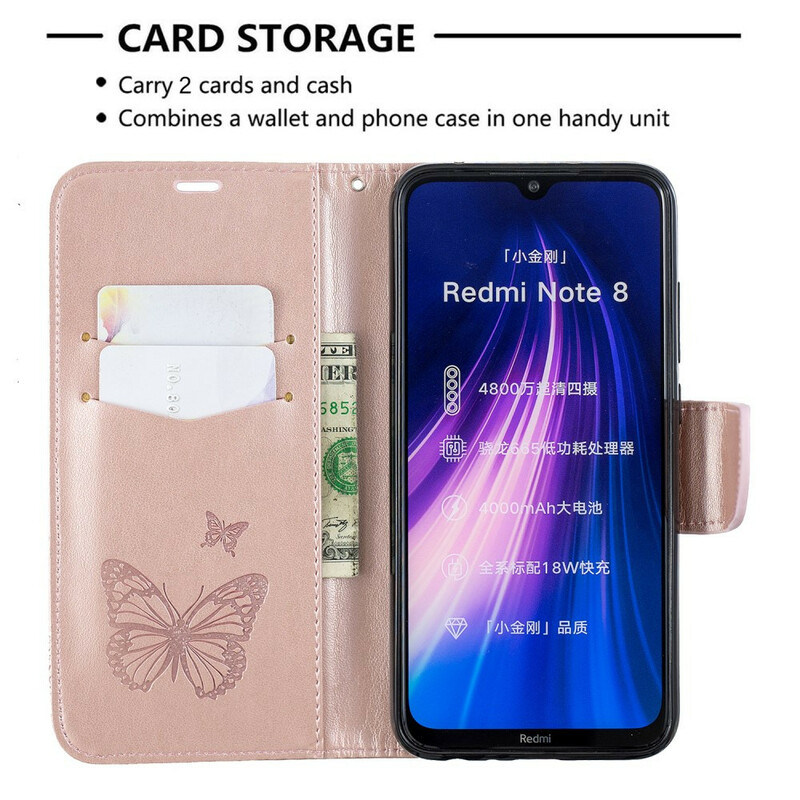 Housse Xiaomi Redmi Note 8 Papillons Imprimés à Lanière