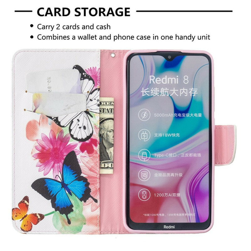 Housse Xiaomi Redmi 8 Papillons et Fleurs Peints Housse Xiaomi Redmi 8 Papillons et Fleurs Peints