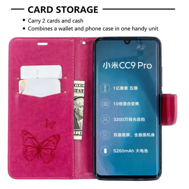 Housse Xiaomi Mi Note 10 Papillons Imprimés à Lanière