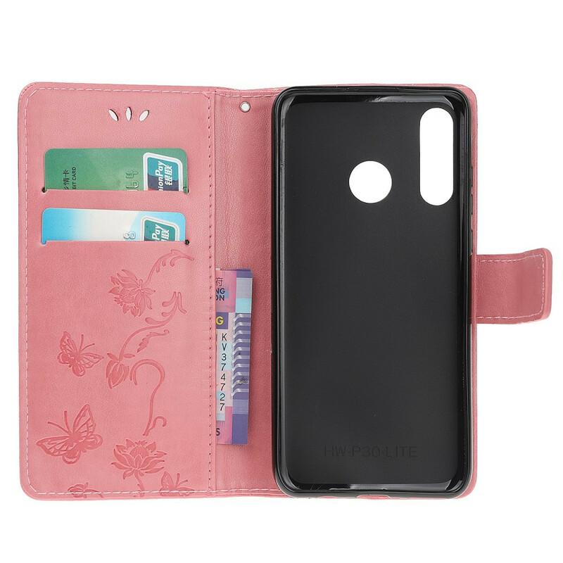 Housse Huawei P Smart 2019 Papillons et Fleurs à Lanière