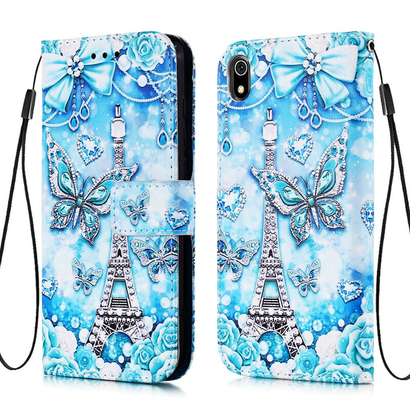 Housse Xiaomi Redmi 7A Tour Eiffel Papillons à Lanière