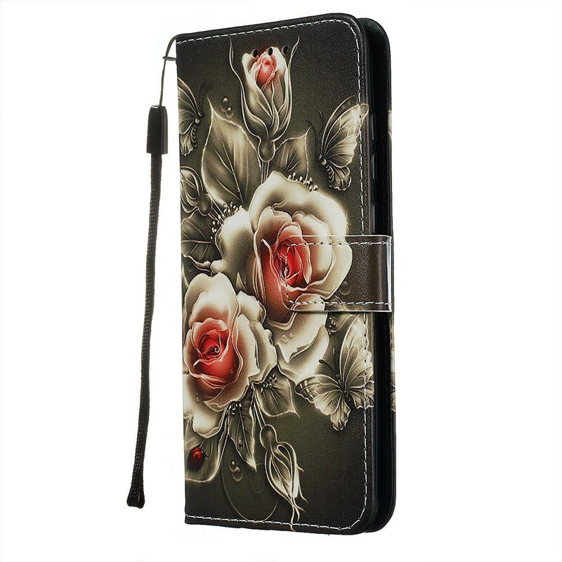 Housse Xiaomi Redmi Note 8 Pro Rose Noire à Lanière Housse Xiaomi Redmi Note 8 Pro Rose Noire à Lanière