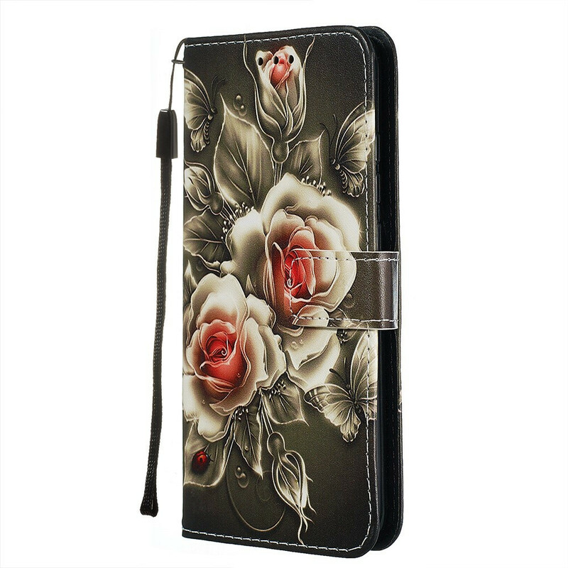 Housse Xiaomi Redmi Note 8 Rose Noire à Lanière Housse Xiaomi Redmi Note 8 Rose Noire à Lanière