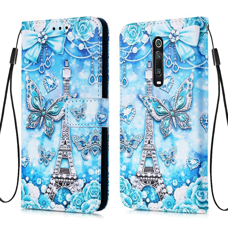 Housse Xiaomi Mi 9T / Mi 9T Pro Tour Eiffel Papillons à Lanière