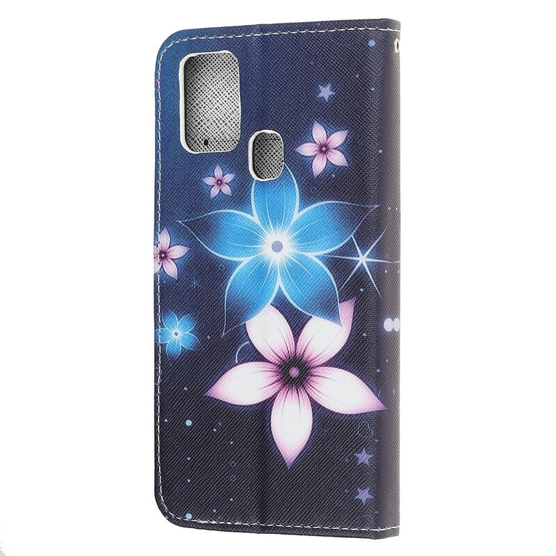 Housse Samsung Galaxy A21s Fleurs Lunaires à Lanière