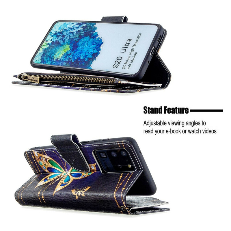 Housse Samsung Galaxy S20 Ultra Poche Zippée Papillons Housse Samsung Galaxy S20 Ultra Poche Zippée Papillons