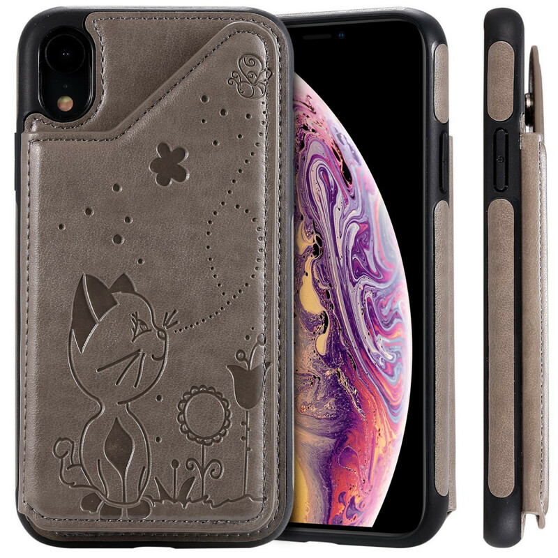 Coque iPhone XR Simili Cuir Porte-Cartes Support Chat