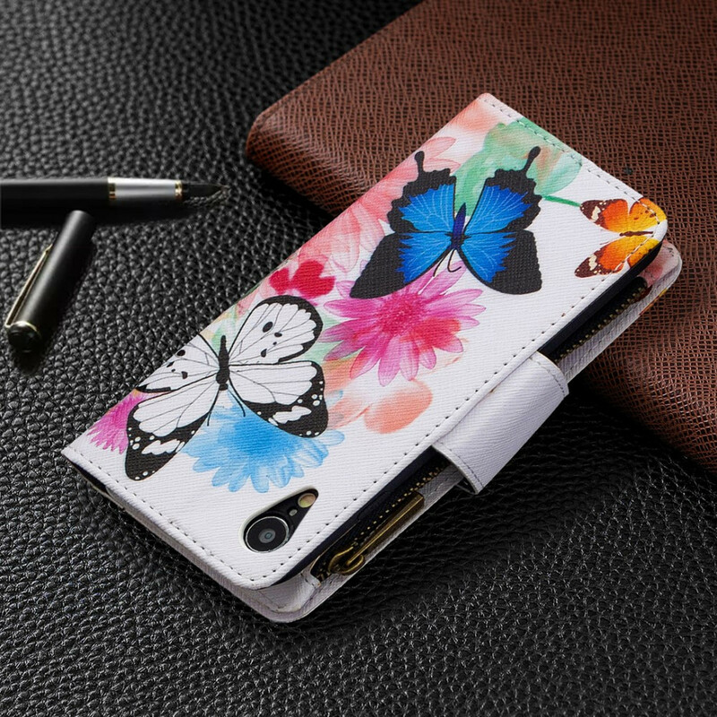 Housse iPhone XR Poche Zippée Papillons