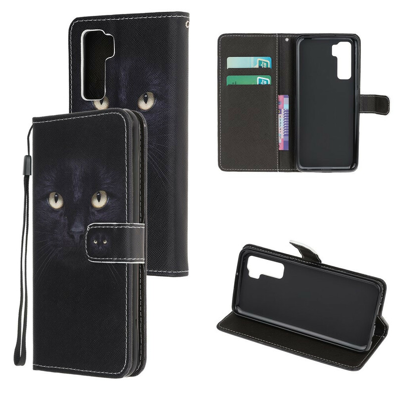 Housse Huawei P40 Lite 5G Yeux de Chat Noir à Lanière Housse Huawei P40 Lite 5G Yeux de Chat Noir à Lanière