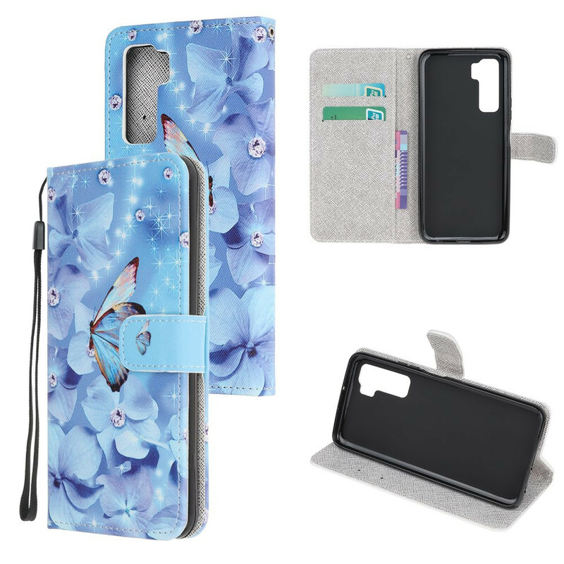 Housse Huawei P40 Lite 5G Papillons Diamants à Lanière Housse Huawei P40 Lite 5G Papillons Diamants à Lanière