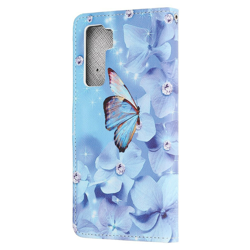 Housse Huawei P40 Lite 5G Papillons Diamants à Lanière Housse Huawei P40 Lite 5G Papillons Diamants à Lanière
