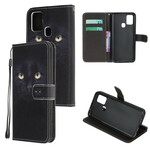Housse Samsung Galaxy M31 Yeux de Chat Noir à Lanière Housse Samsung Galaxy M31 Yeux de Chat Noir à Lanière