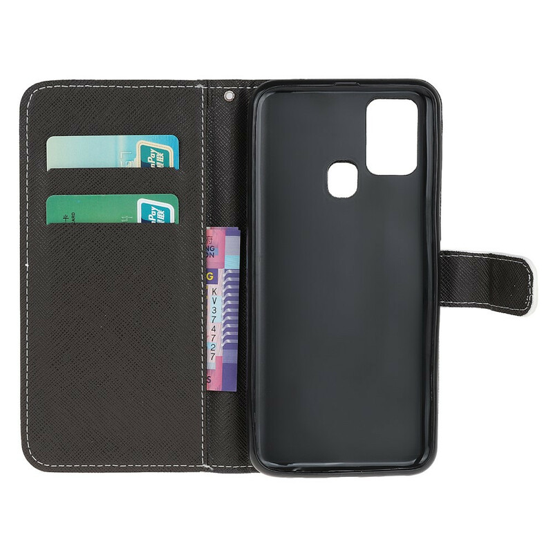 Housse Samsung Galaxy M31 Yeux de Chat Noir à Lanière Housse Samsung Galaxy M31 Yeux de Chat Noir à Lanière