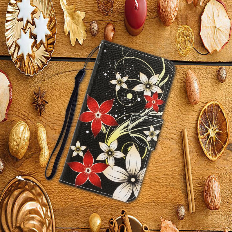 Housse Xiaomi Redmi Note 9 Fleurs Colorées à Lanière