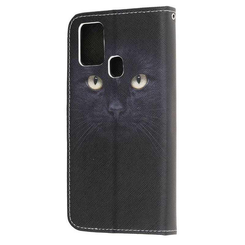 Housse Samsung Galaxy M21 Yeux de Chat Noir à Lanière