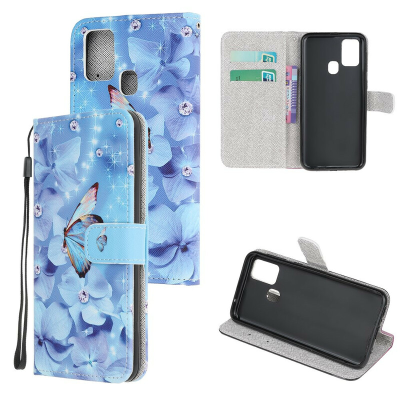 Housse Samsung Galaxy M21 Papillons Diamants à Lanière Housse Samsung Galaxy M21 Papillons Diamants à Lanière