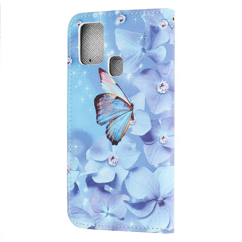 Housse Samsung Galaxy M21 Papillons Diamants à Lanière Housse Samsung Galaxy M21 Papillons Diamants à Lanière
