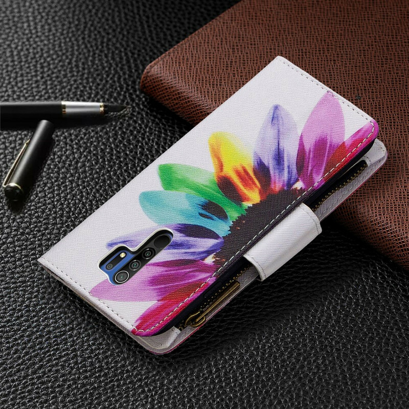 Housse Xaiomi Redmi 9 Poche Zippée Fleur