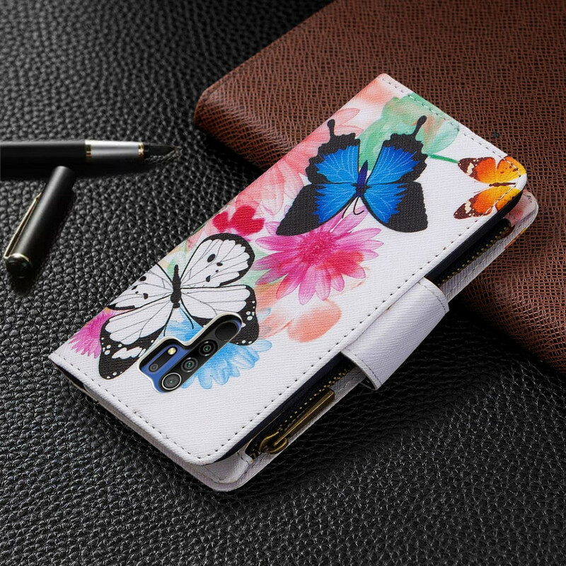 Housse Xiaomi redmi 9 Poche Zippée Papillons