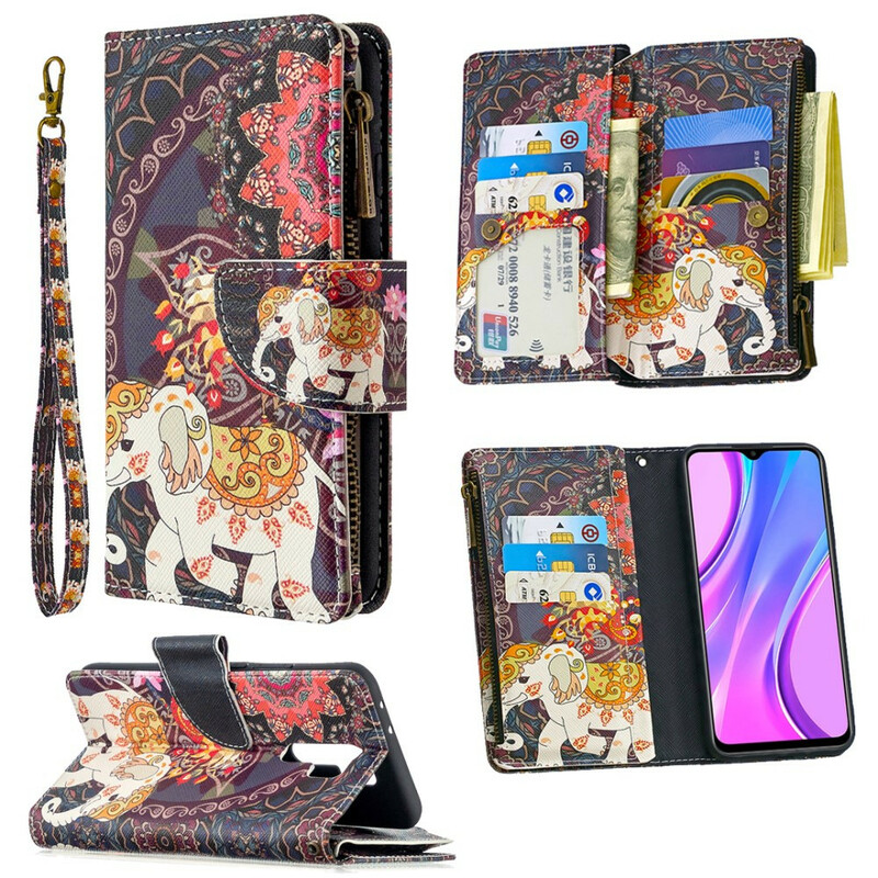 Housse Xiaomi Redmi 9 Poche Zippée Éléphant Housse Xiaomi Redmi 9 Poche Zippée Éléphant