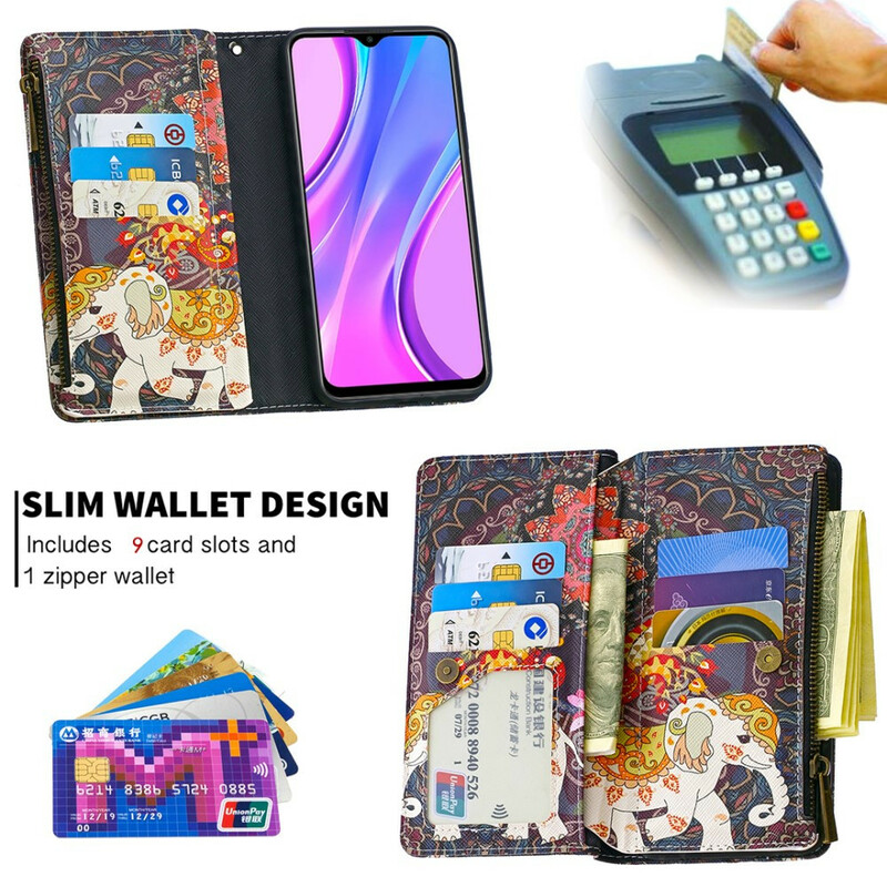 Housse Xiaomi Redmi 9 Poche Zippée Éléphant Housse Xiaomi Redmi 9 Poche Zippée Éléphant