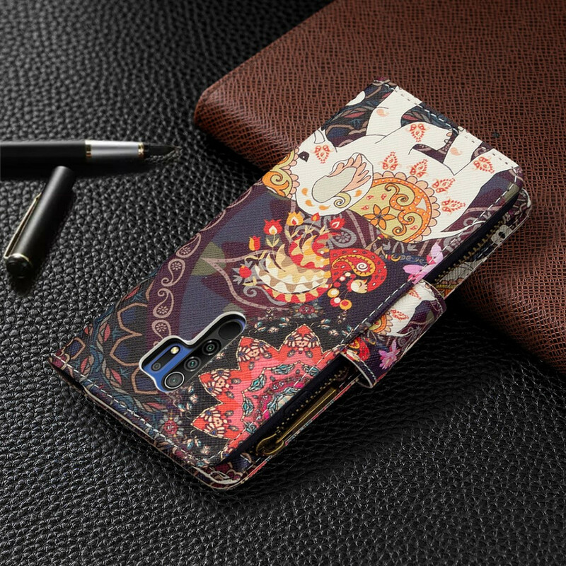Housse Xiaomi Redmi 9 Poche Zippée Éléphant Housse Xiaomi Redmi 9 Poche Zippée Éléphant