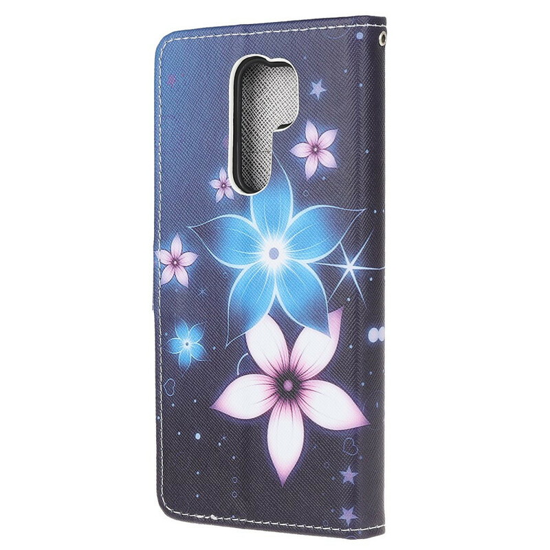 Housse Xaiomi Redmi 9 Fleurs Lunaires à Lanière