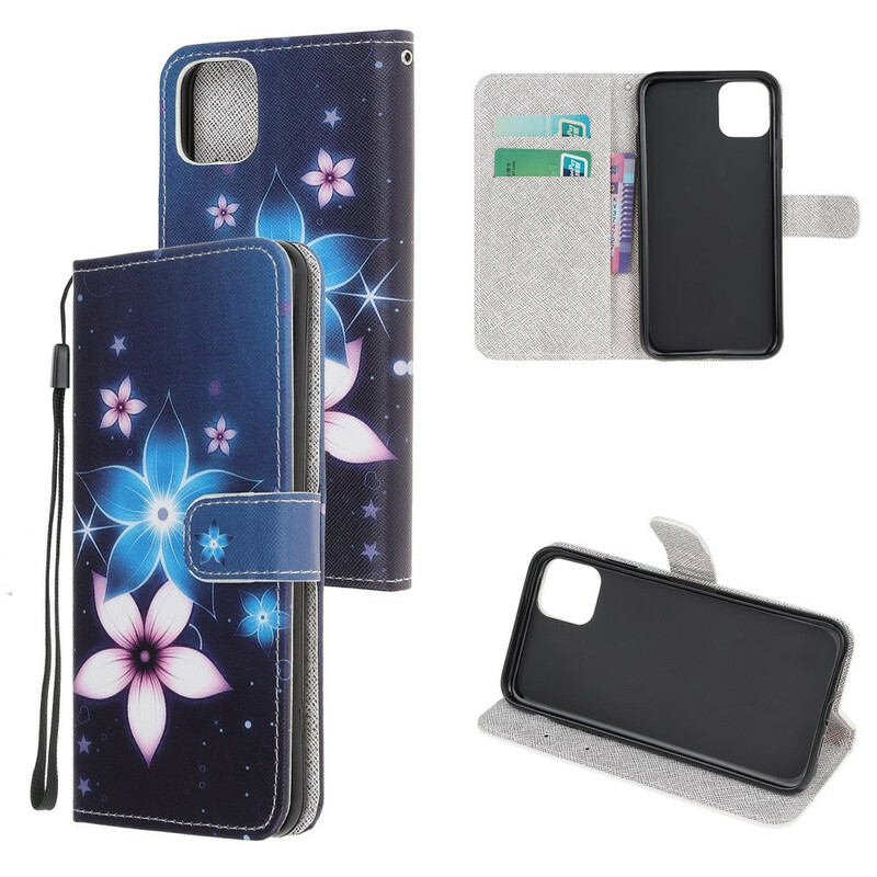 Housse iPhone 12 Fleurs Lunaires à Lanière Housse iPhone 12 Fleurs Lunaires à Lanière