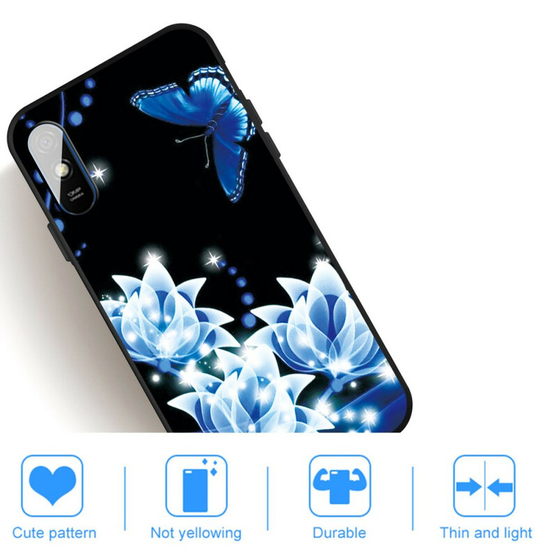 Coque Xiaomi Redmi 9A Papillon et Fleurs Bleus