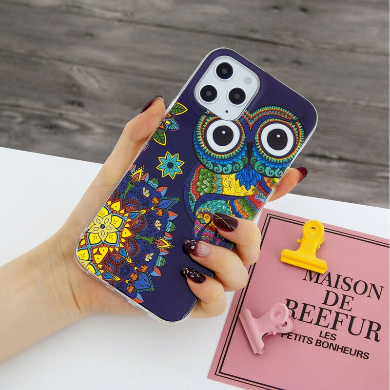 Coque iPhone 12 Pro Max Hibou Mandala Fluorescente