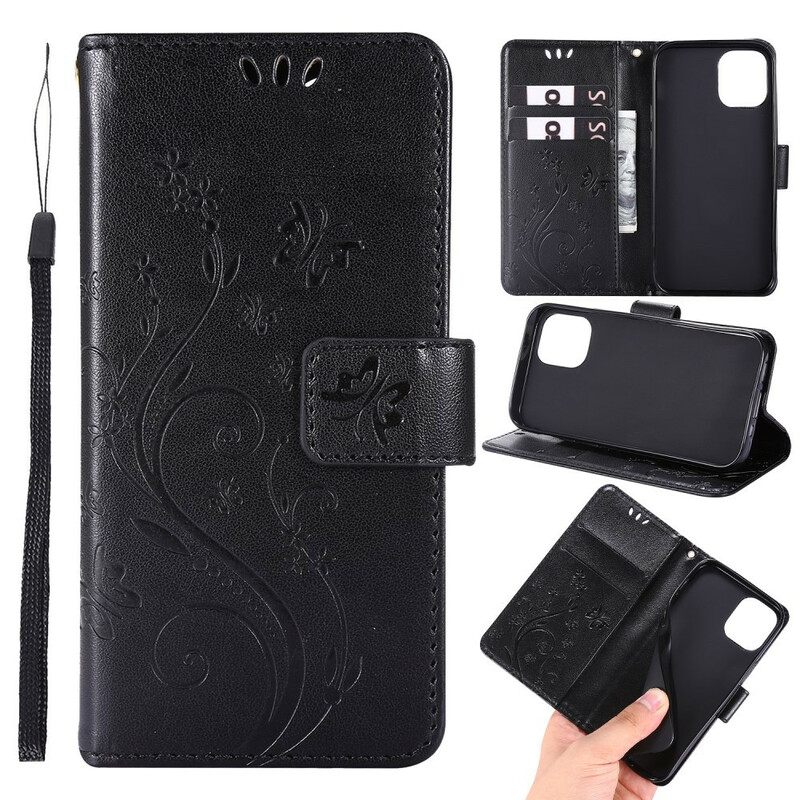 Housse iPhone 12 Papillons et Fleurs Lanière Housse iPhone 12 Papillons et Fleurs Lanière