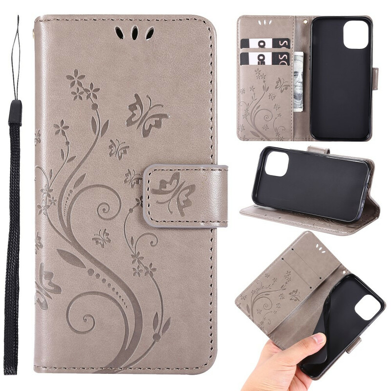 Housse iPhone 12 Papillons et Fleurs Lanière