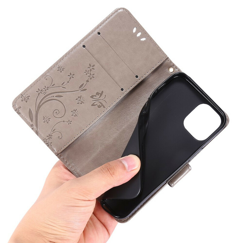 Housse iPhone 12 Papillons et Fleurs Lanière