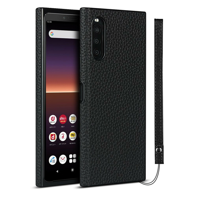 Coque Sony Xperia 10 II Véritable Cuir Litchi avec Lanière