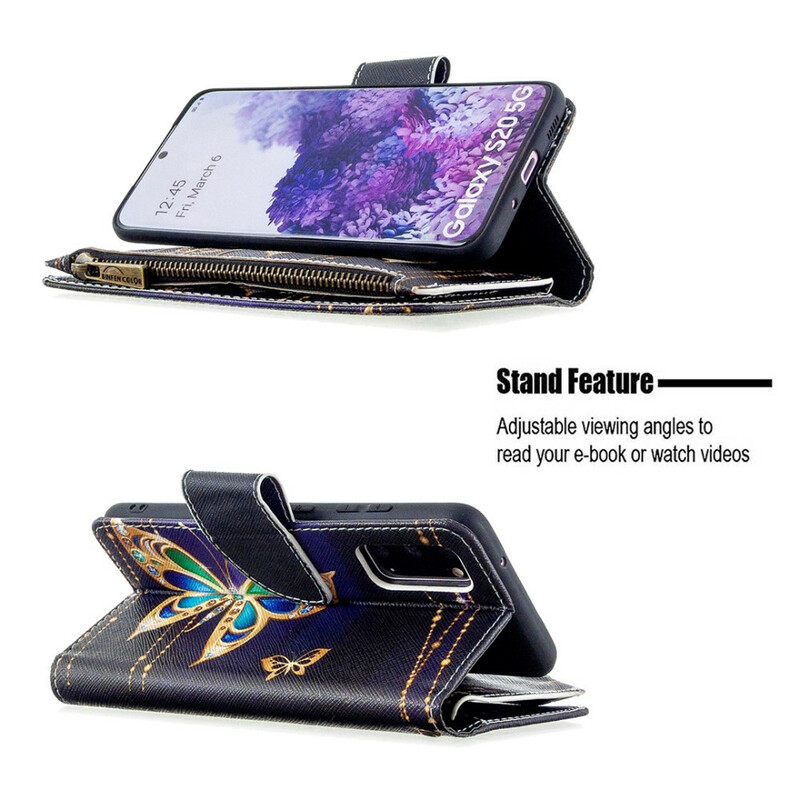 Housse Samsung Galaxy S20 Poche Zippée Papillons Housse Samsung Galaxy S20 Poche Zippée Papillons